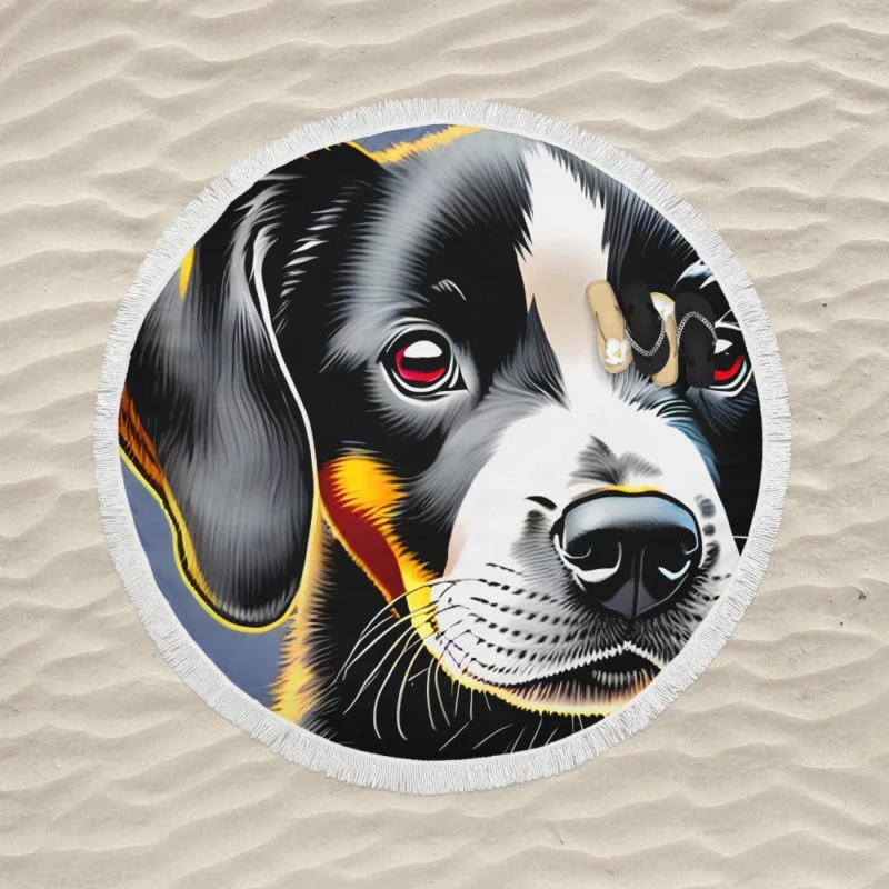 Adorable Black Puppy Dog Print Round Beach Towel