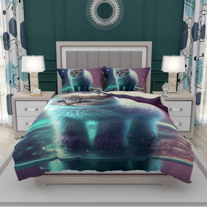 Adorable Kitten in Holographic Puddle Bedding Set 1