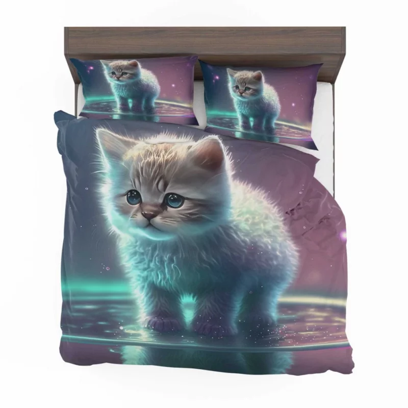 Adorable Kitten in Holographic Puddle Bedding Set 2