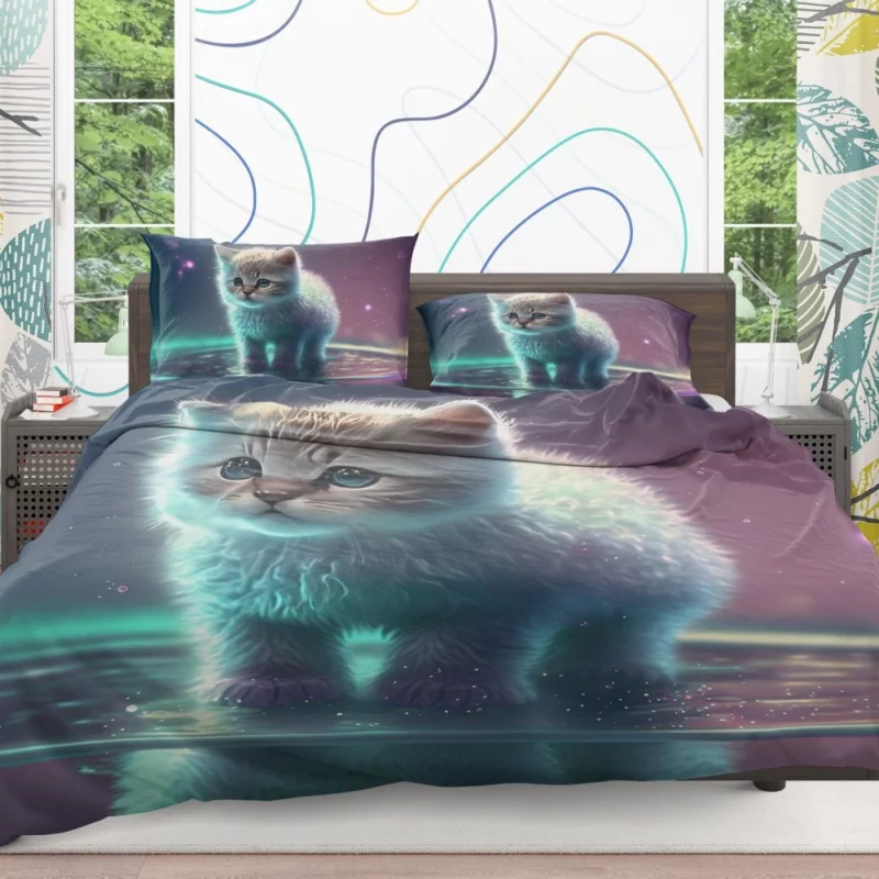 Adorable Kitten in Holographic Puddle Bedding Set