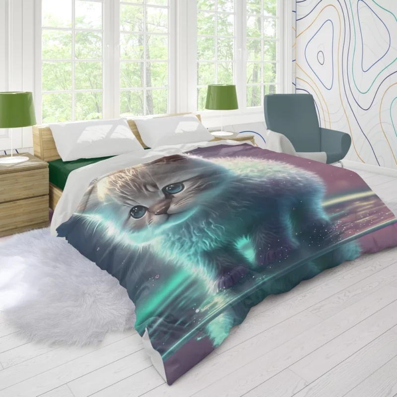 Adorable Kitten in Holographic Puddle Duvet Cover