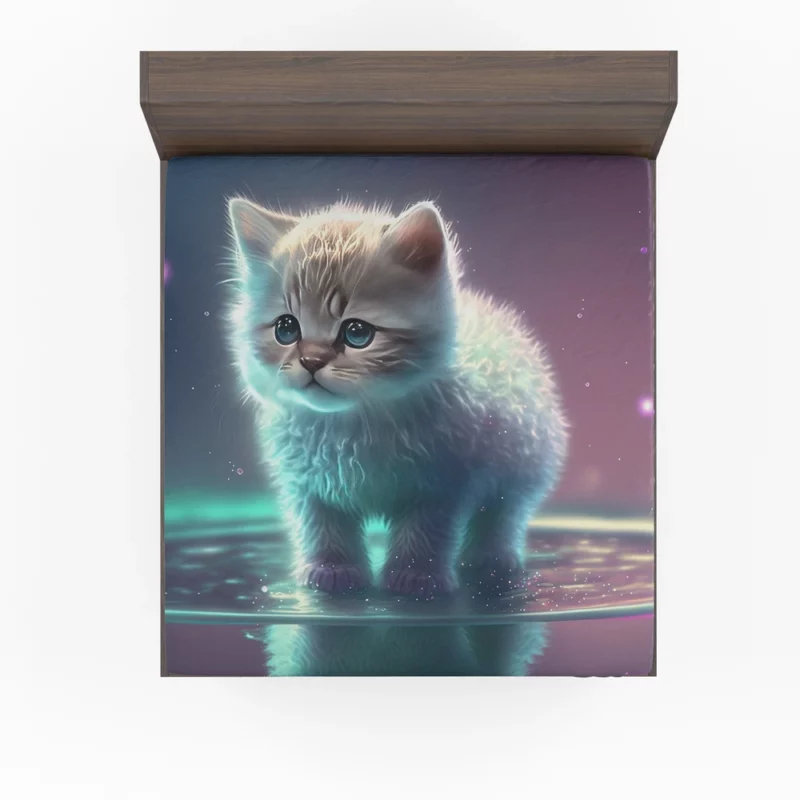 Adorable Kitten in Holographic Puddle Fitted Sheet