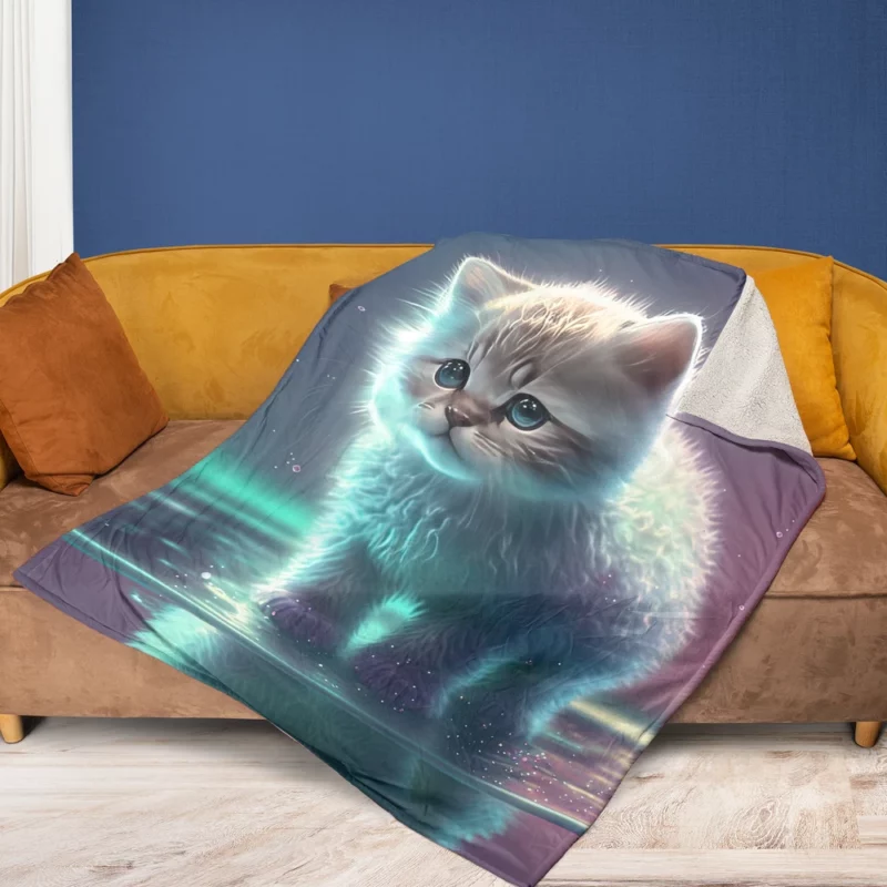 Adorable Kitten in Holographic Puddle Fleece Blanket 1