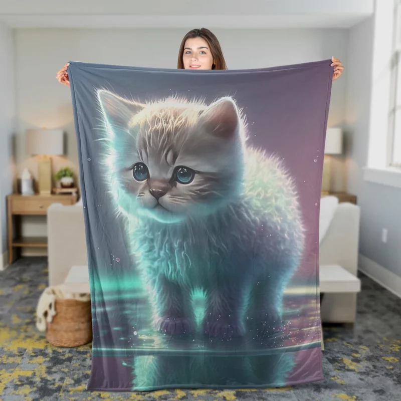 Adorable Kitten in Holographic Puddle Fleece Blanket 2