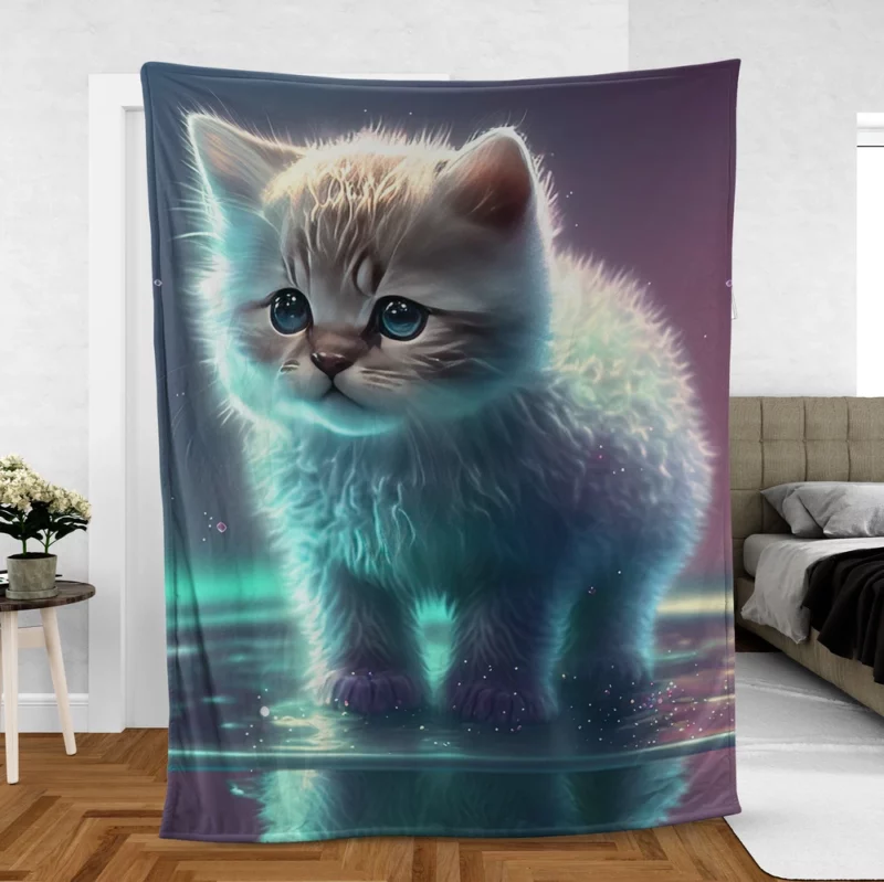 Adorable Kitten in Holographic Puddle Fleece Blanket