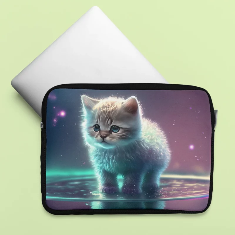 Adorable Kitten in Holographic Puddle Laptop Sleeve