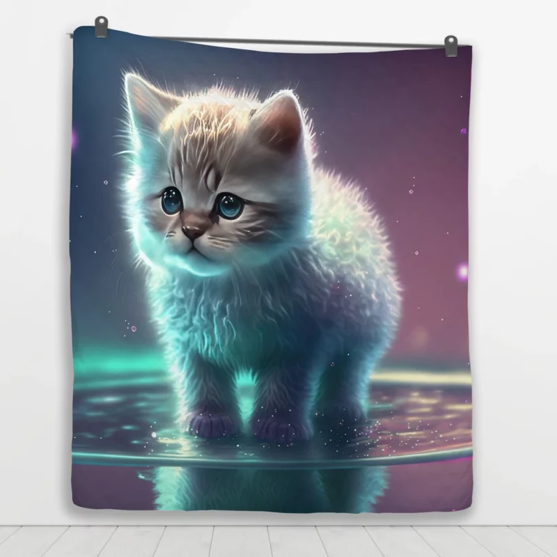 Adorable Kitten in Holographic Puddle Quilt Blanket 1