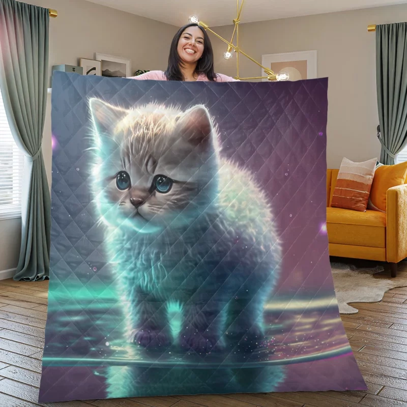 Adorable Kitten in Holographic Puddle Quilt Blanket