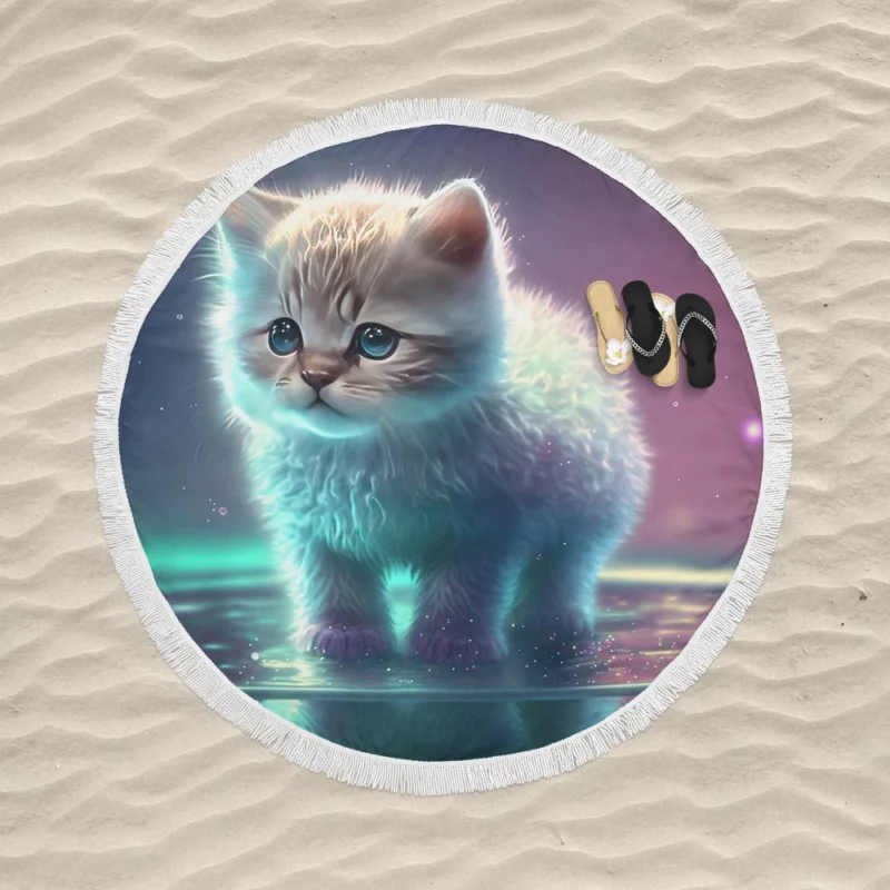 Adorable Kitten in Holographic Puddle Round Beach Towel