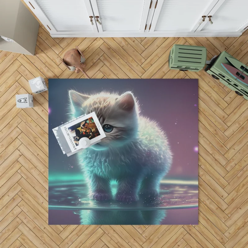 Adorable Kitten in Holographic Puddle Rug