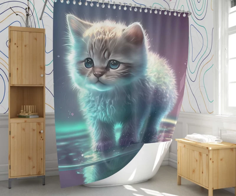 Adorable Kitten in Holographic Puddle Shower Curtain 1