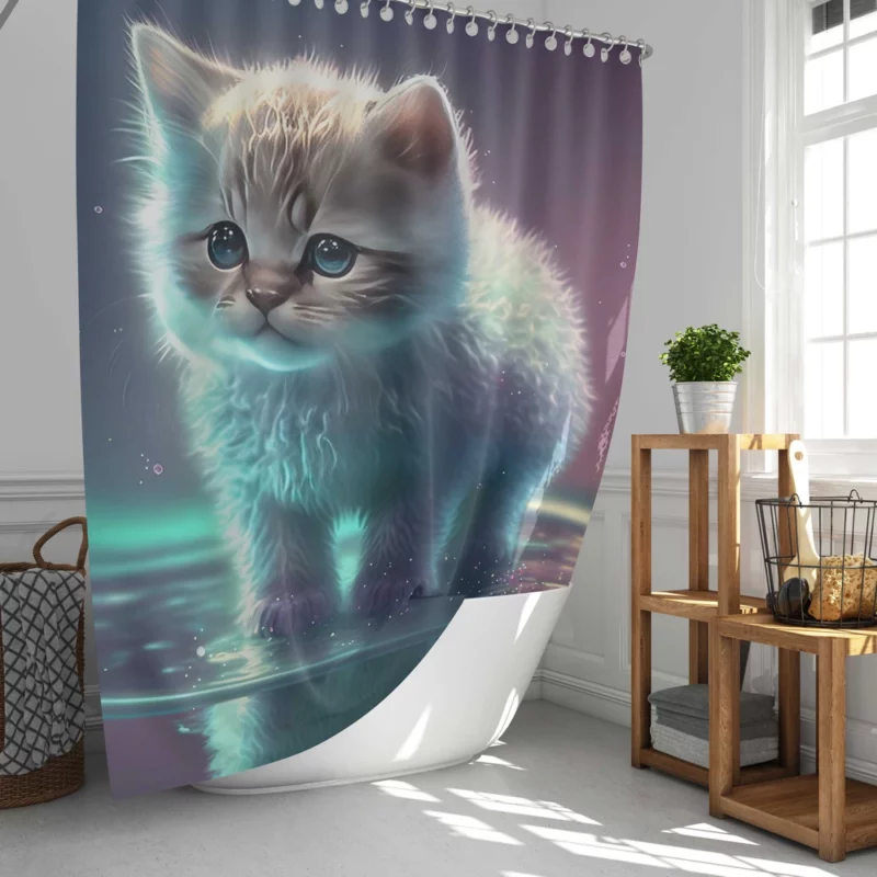 Adorable Kitten in Holographic Puddle Shower Curtain