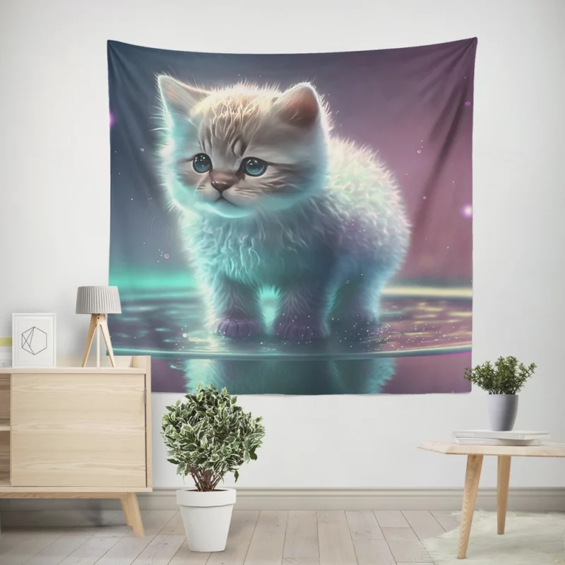 Adorable Kitten in Holographic Puddle Wall Tapestry