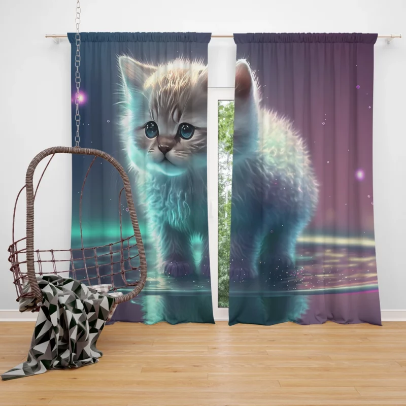 Adorable Kitten in Holographic Puddle Window Curtain