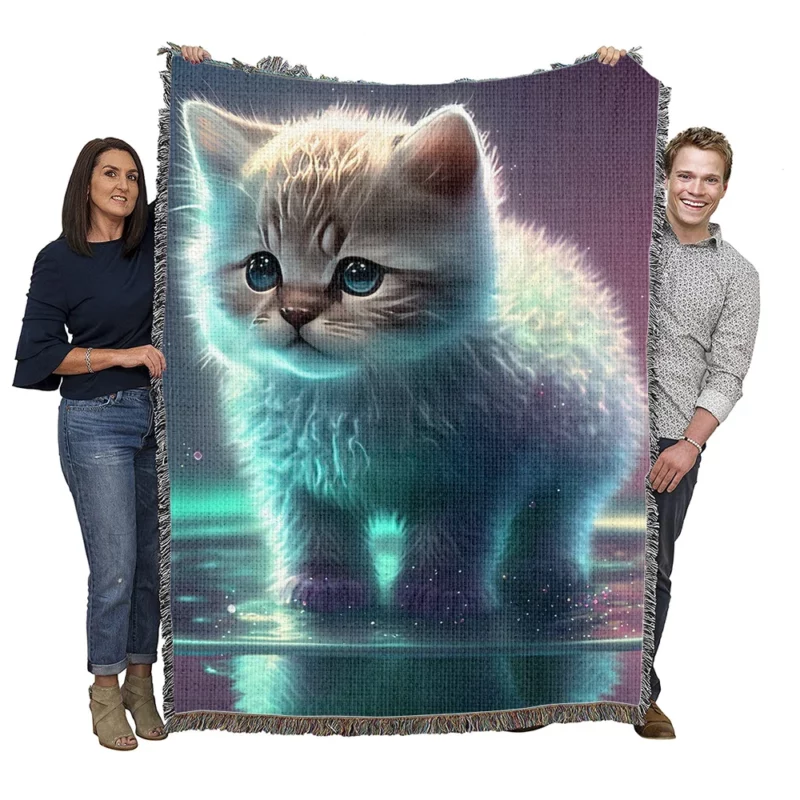 Adorable Kitten in Holographic Puddle Woven Blanket