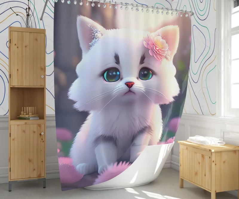 Adorable Snow White Baby Cat Shower Curtain 1