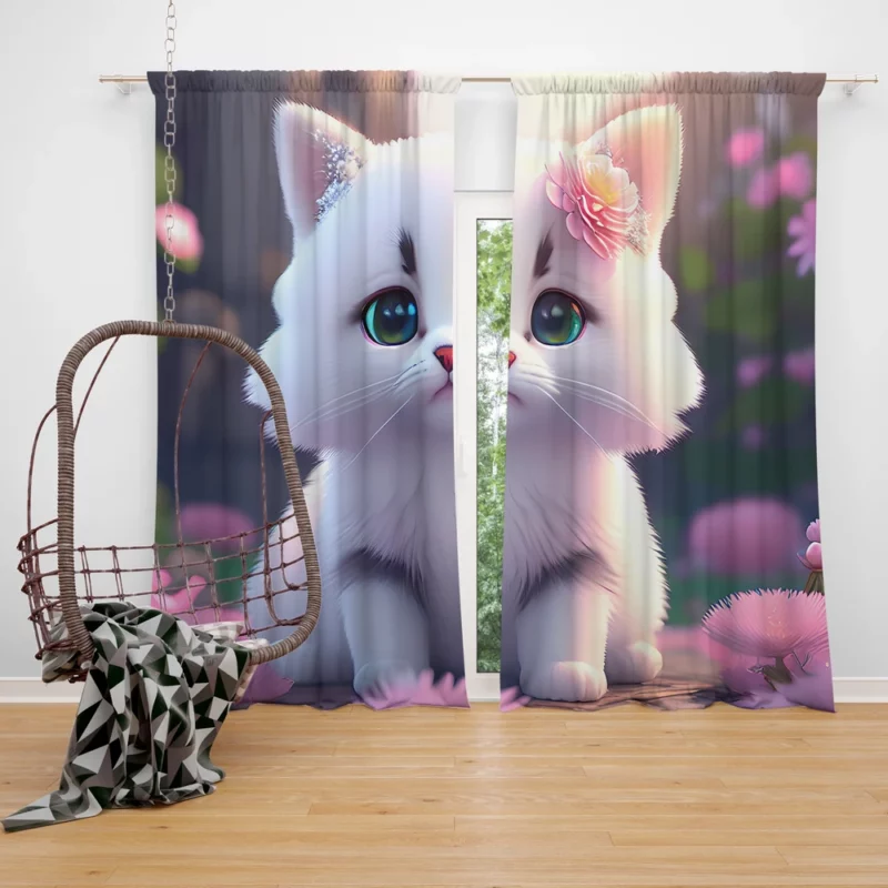 Adorable Snow White Baby Cat Window Curtain