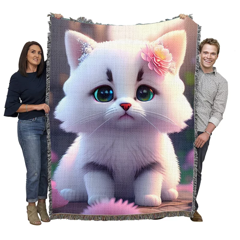 Adorable Snow White Baby Cat Woven Blanket