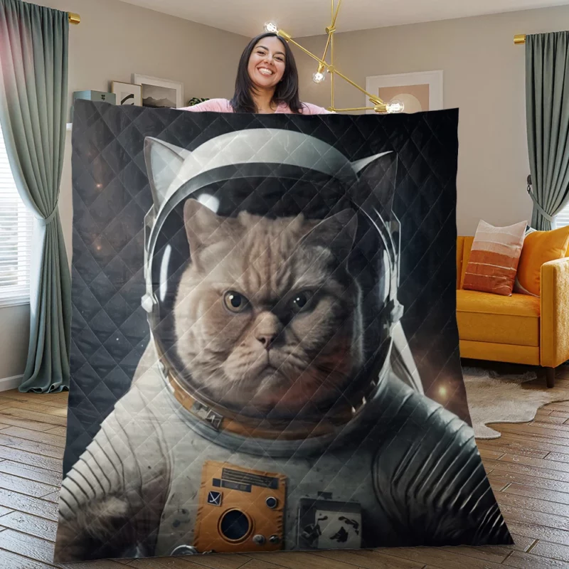 Angry Cat in Space Suit Quilt Blanket