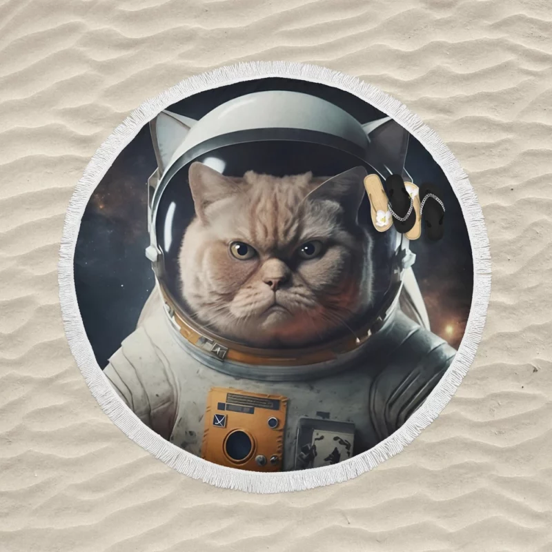 Angry Cat in Space Suit Round Beach Towel