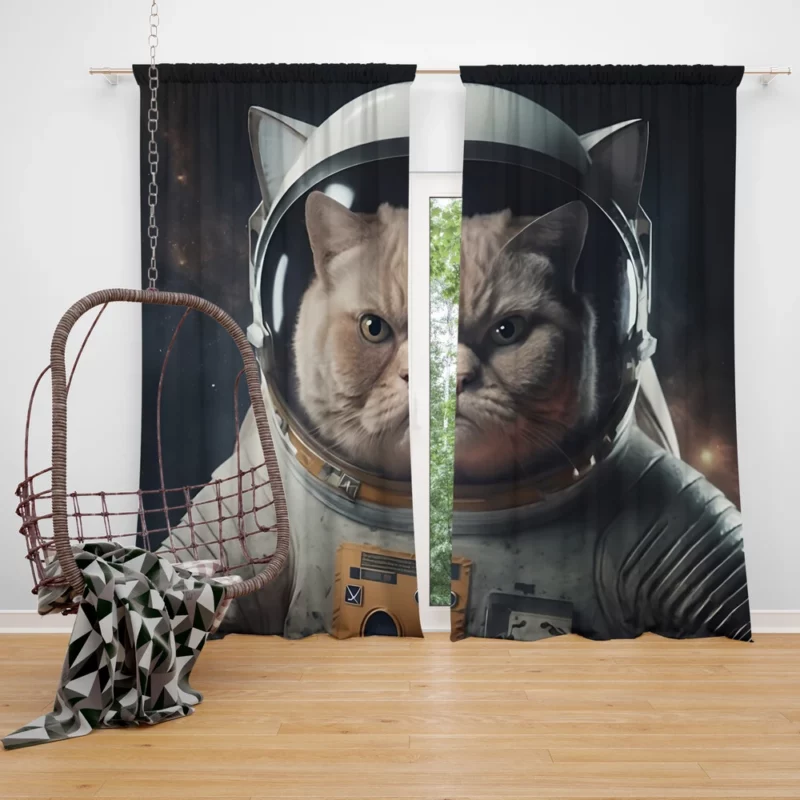 Angry Cat in Space Suit Window Curtain