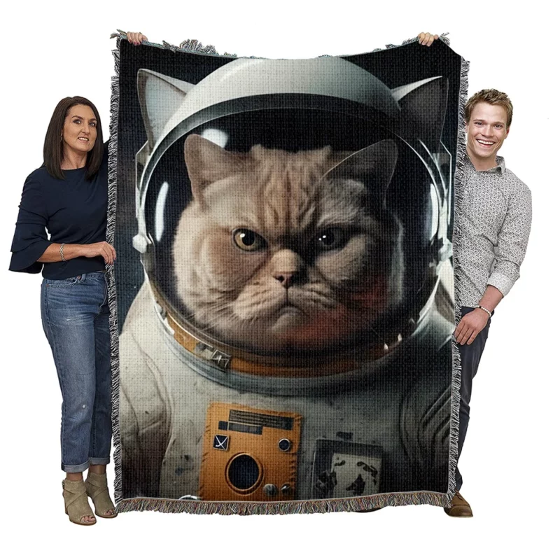 Angry Cat in Space Suit Woven Blanket