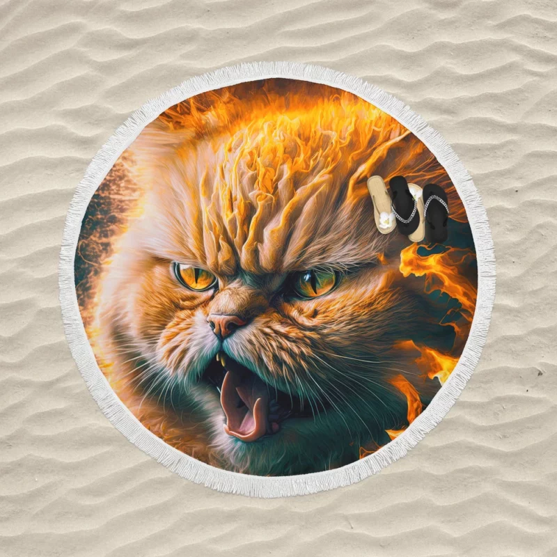 Angry Orange Cat Round Beach Towel