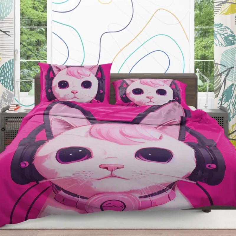 Anime Cat Wearing Earphones Bedding Set