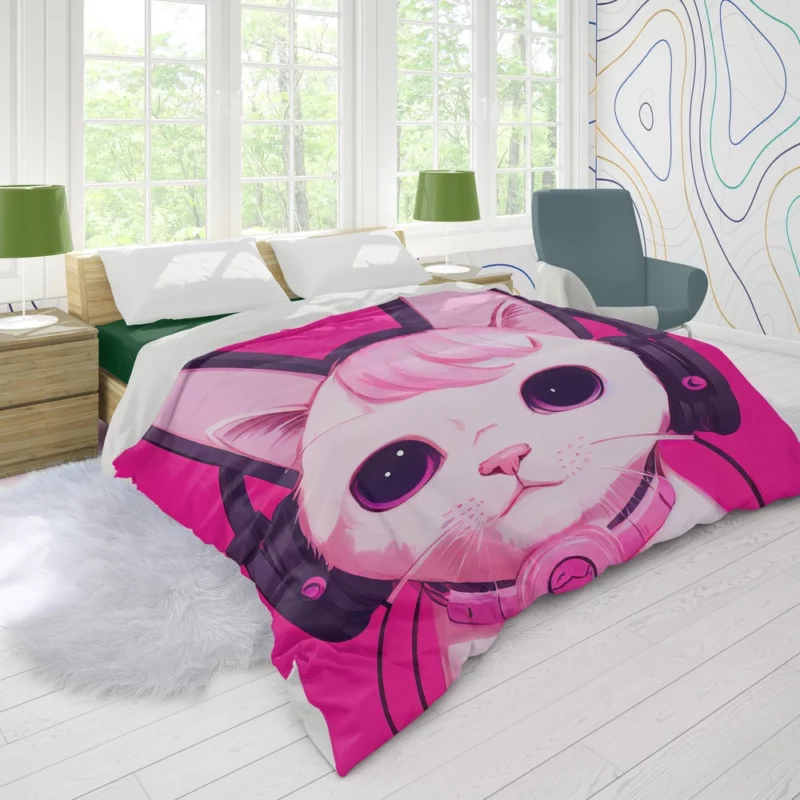 Anime Cat Wearing Earphones Duvet Cover