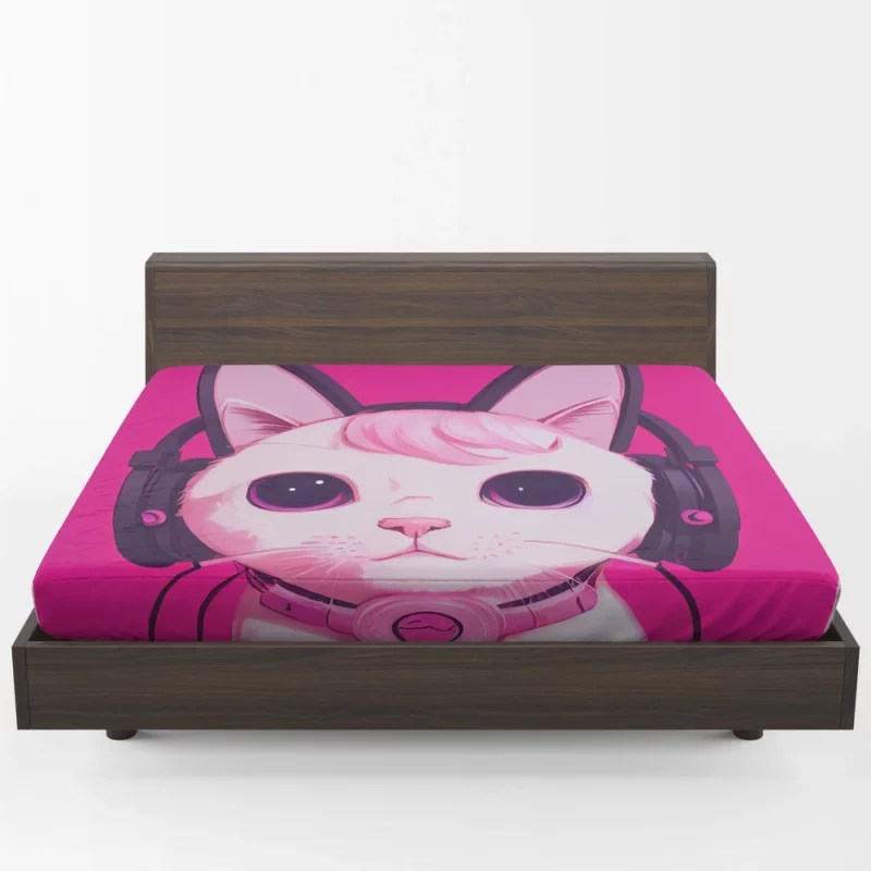 Anime Cat Wearing Earphones Fitted Sheet 1