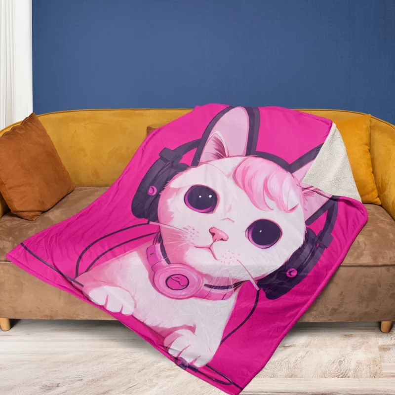 Anime Cat Wearing Earphones Fleece Blanket 1