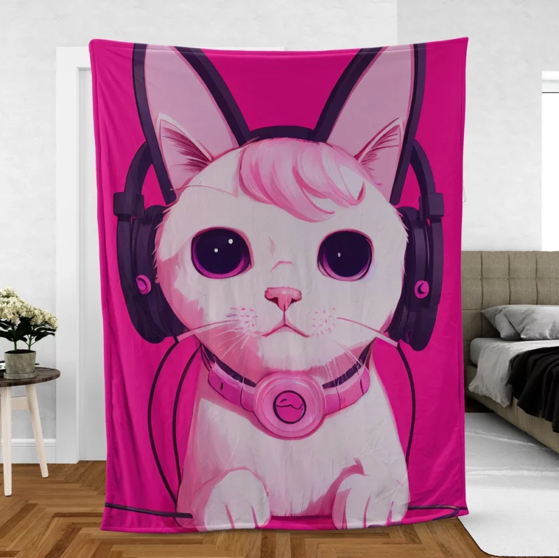 Anime Cat Wearing Earphones Fleece Blanket