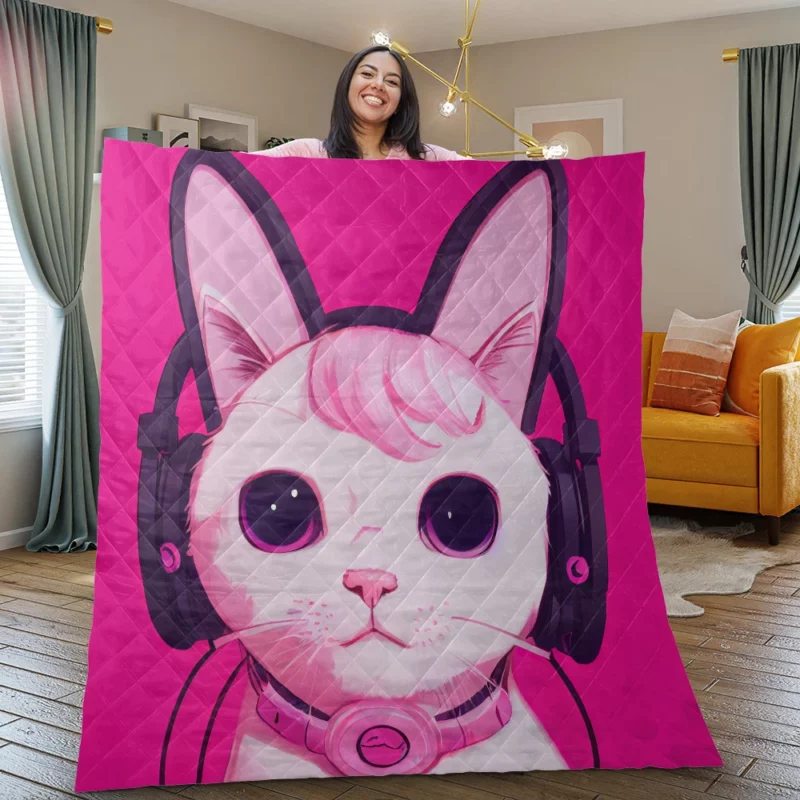 Anime Cat Wearing Earphones Quilt Blanket