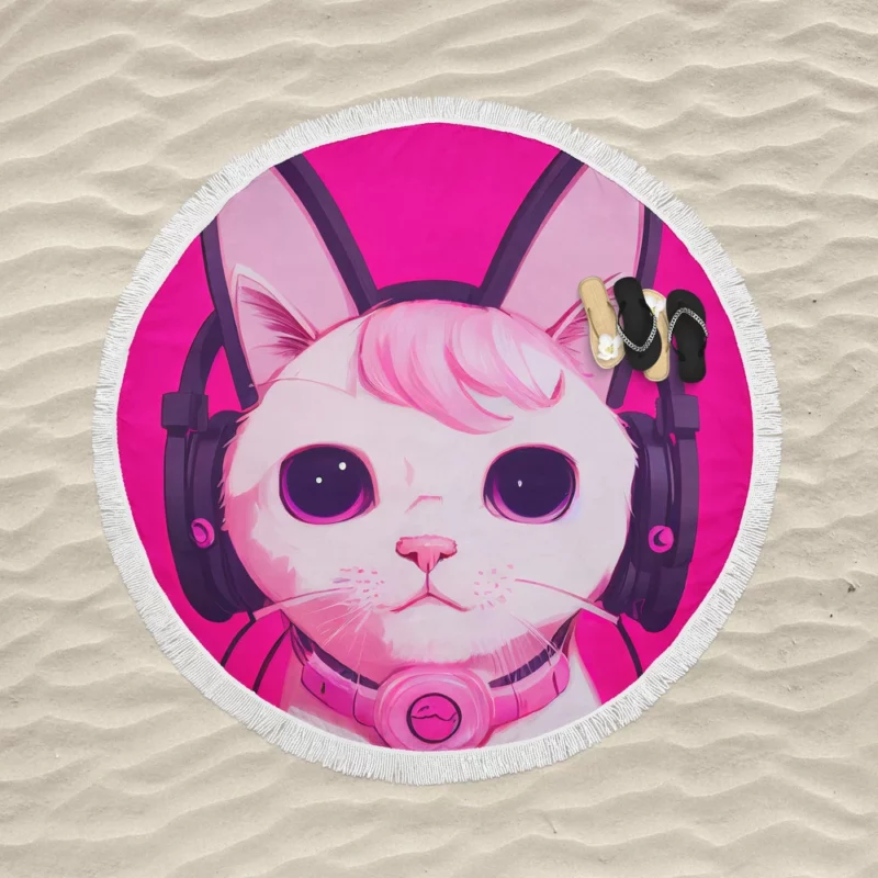 Anime Cat Wearing Earphones Round Beach Towel