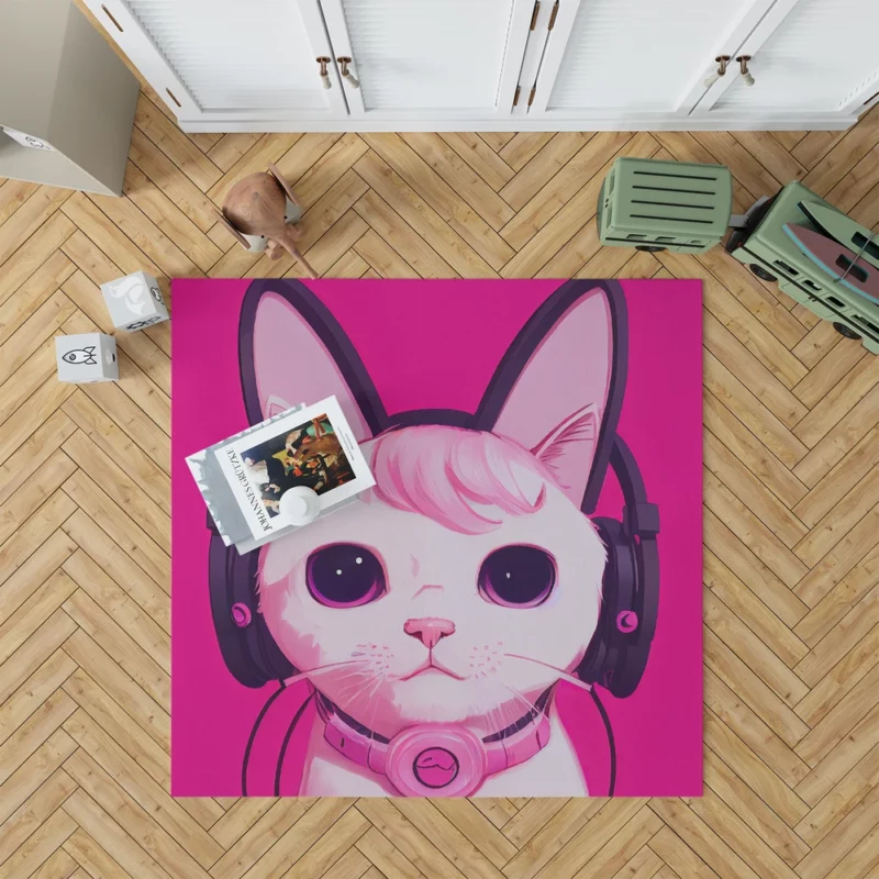 Anime Cat Wearing Earphones Rug