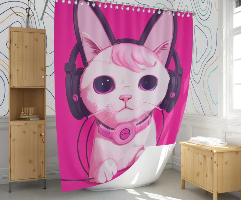 Anime Cat Wearing Earphones Shower Curtain 1