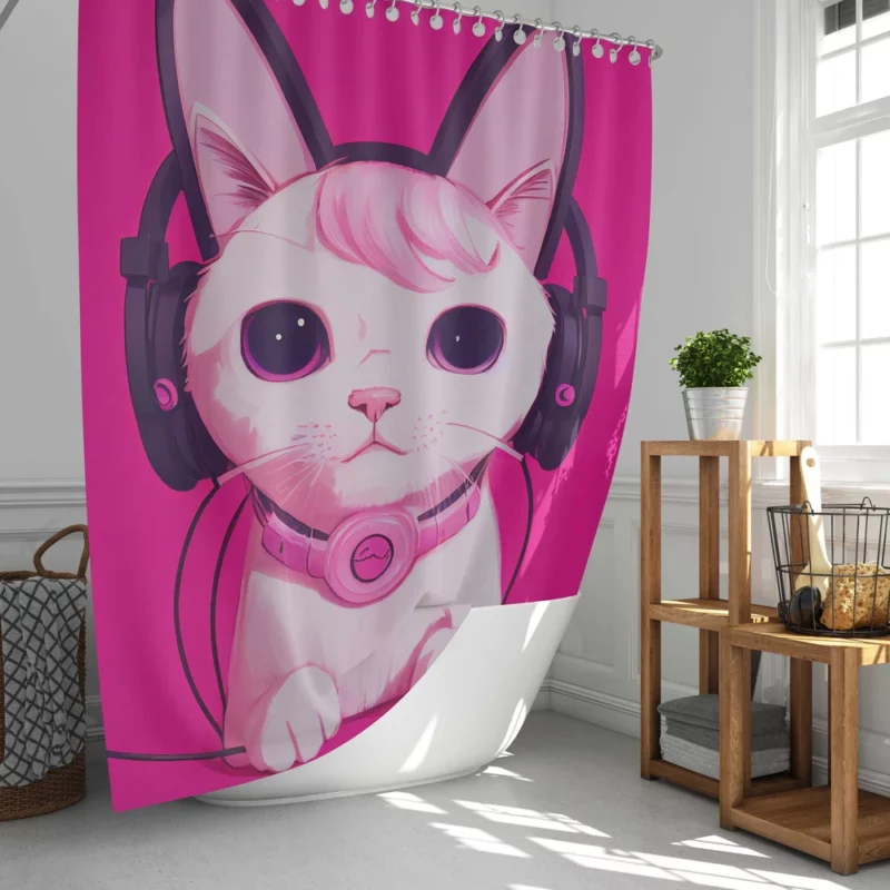 Anime Cat Wearing Earphones Shower Curtain