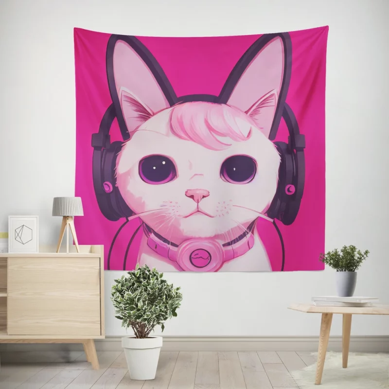 Anime Cat Wearing Earphones Wall Tapestry