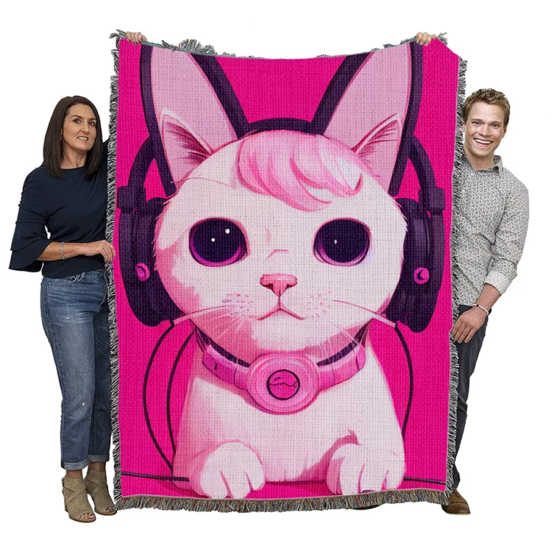 Anime Cat Wearing Earphones Woven Blanket