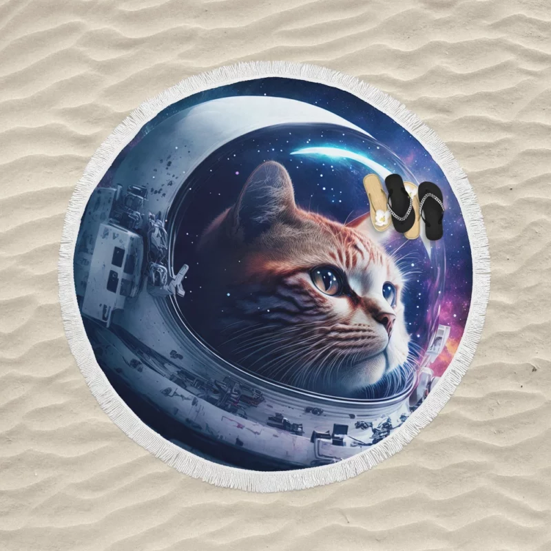 Astronaut Cat in Surreal Artwork Round Beach Towel