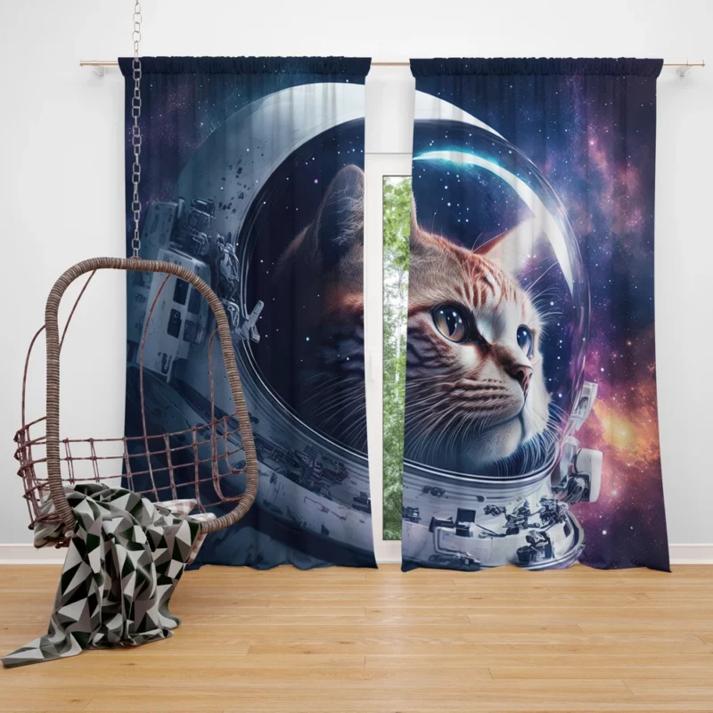 Astronaut Cat in Surreal Artwork Window Curtain