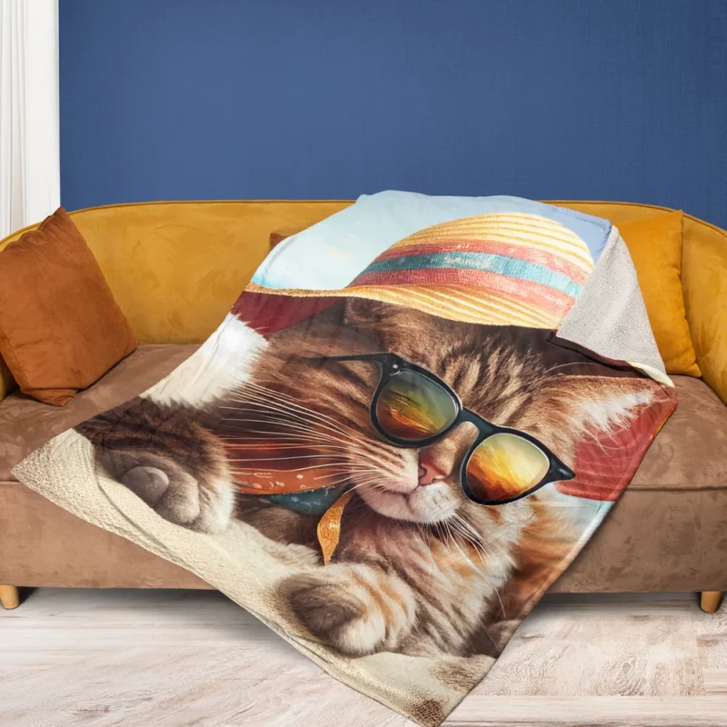 Beach Cat Relaxing with Sunglasses Fleece Blanket 1