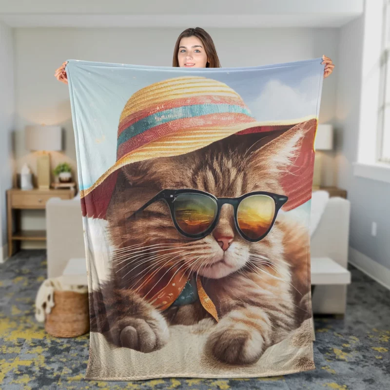 Beach Cat Relaxing with Sunglasses Fleece Blanket 2