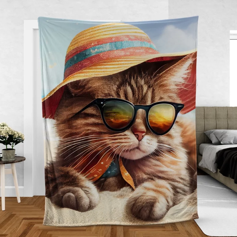 Beach Cat Relaxing with Sunglasses Fleece Blanket