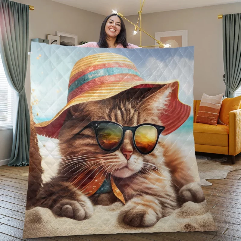 Beach Cat Relaxing with Sunglasses Quilt Blanket