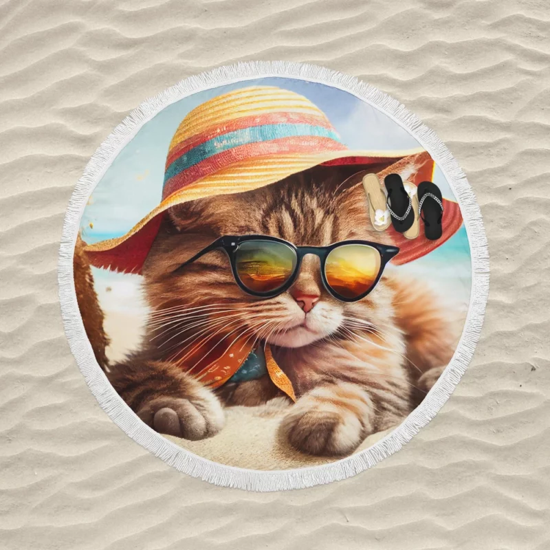 Beach Cat Relaxing with Sunglasses Round Beach Towel