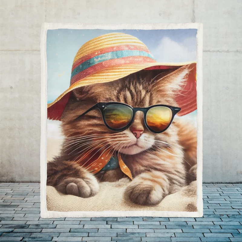 Beach Cat Relaxing with Sunglasses Sherpa Fleece Blanket