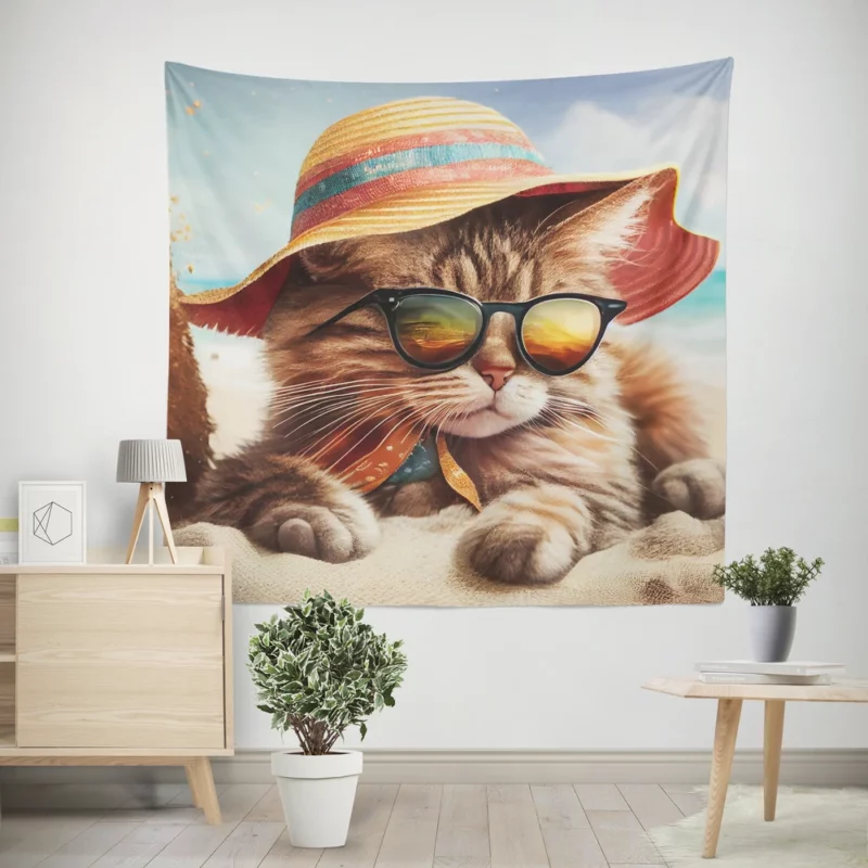 Beach Cat Relaxing with Sunglasses Wall Tapestry