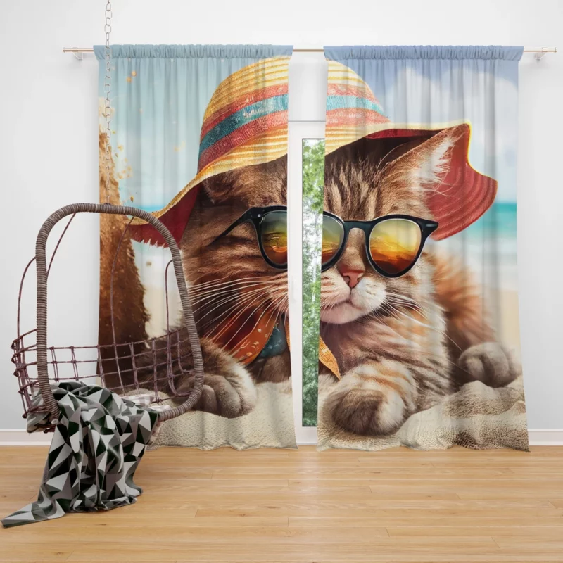 Beach Cat Relaxing with Sunglasses Window Curtain