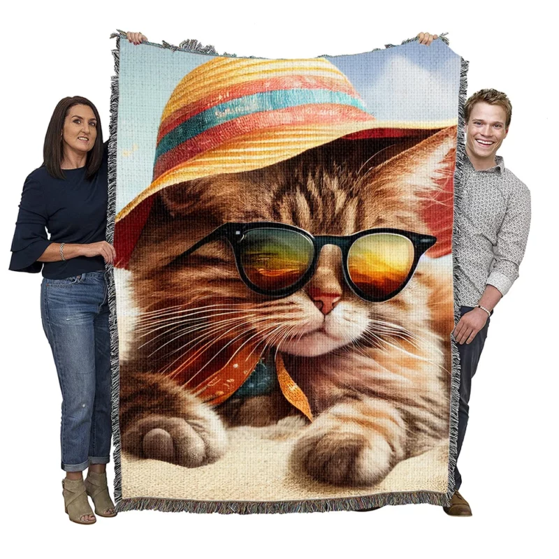 Beach Cat Relaxing with Sunglasses Woven Blanket